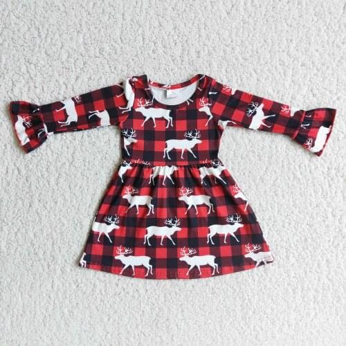 Winter Christmas Style Baby Girls Dress Elk Red and Black Grid Pattern Wholesale Support