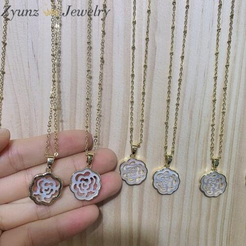 5PCS, Fashion Mother of Pearl Shell Rose Flower Pendant Necklaces For Women Girl Luxury Jewelry Hollow Out Charms Gold Color