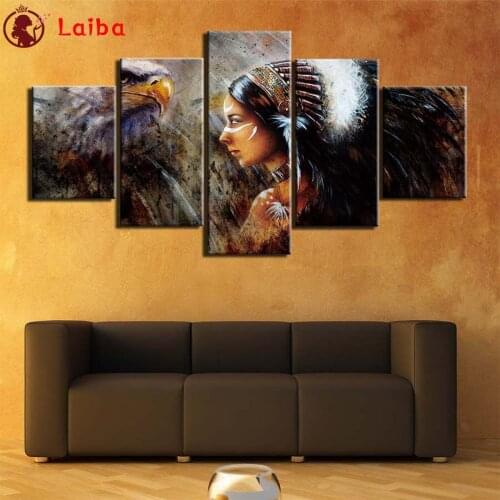 5D DIY Diamond Painting Abstract art, retro indian woman, eagle cross stitch full square/round diamond mosaic embroidery5pcs