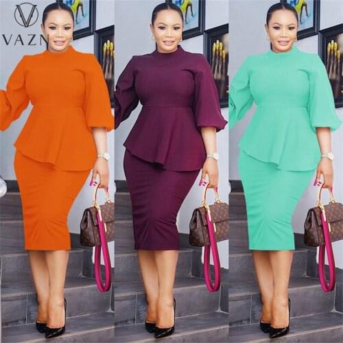 VAZN 2021 Top Quality Plus Size Office Lady Energy Mature Elegant Solid Half Sleeve High Waist Women Pencil Midi Dress