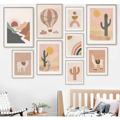 Nordic Canvas Painting Abstract Llamas Rainbow Sun Cactus Vintage Flower Wall Art Posters And Prints Pictures Kids Room Decor