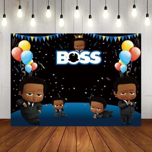 Cartoon KID Boss In A Suit Backdrop Boy Birthday Party Decorated Crown Balloon Hanging Flag Background Photo Studio Photography