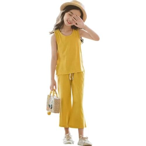 2018 Girls Clothing Sets Cotton Linen Kids Summer Toddler Teen Sleeveless Shirt+Pants 2Pcs Suit Childrens Clothes Set JW3741