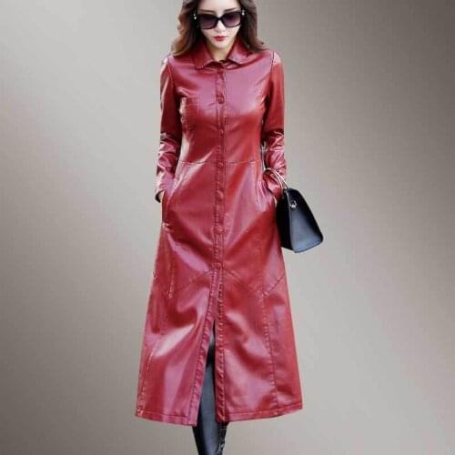 Red Long Windbreaker 5XL Parka Women PU Leather Jacket Overcoat 2018 New Autumn Fashion Faux Sheepskin Leather Female Coat PJ328