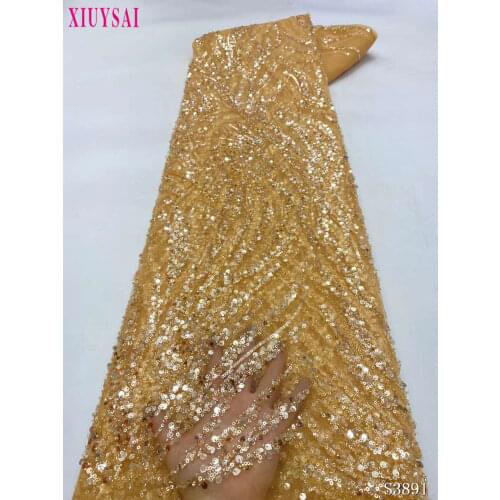 Blue Beaded Sequins Fabric Lace High Quality Tulle Lace Fabric Luxury Embroidery Nigeria Lace Fabric For Wedding Dress