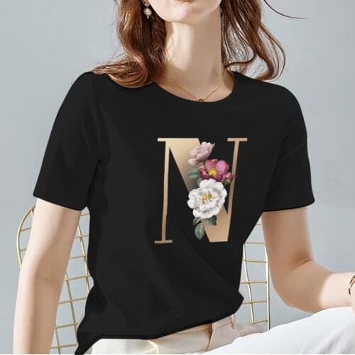 Summer Black Womens T-shirts All-match Street Fashion Ladies Tees Personalized Flowers Letter Pattern Series Short Sleeve Tops