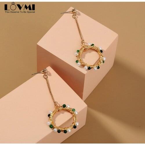 Lovmi Vintage Bohemia Long Hanging Earrings For Women With Natural Stone Small Hollow Round Tension Mount Beads Boho Jewelry