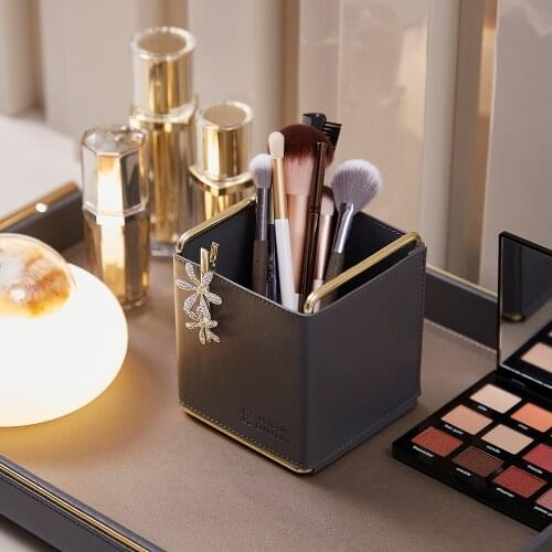 Metal and PU Leather Multipurpose Makeup Brush Organizer Sundries Storage Box Cosmetic Display Case