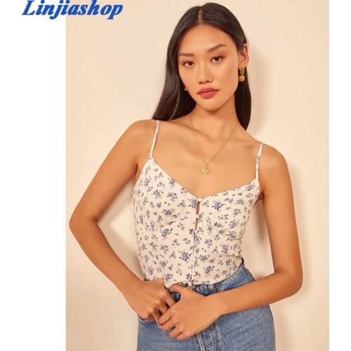 Fashion crop top sexy streetwear floral print camis backless buttons beige women summer tops femme vestidos dropshipping