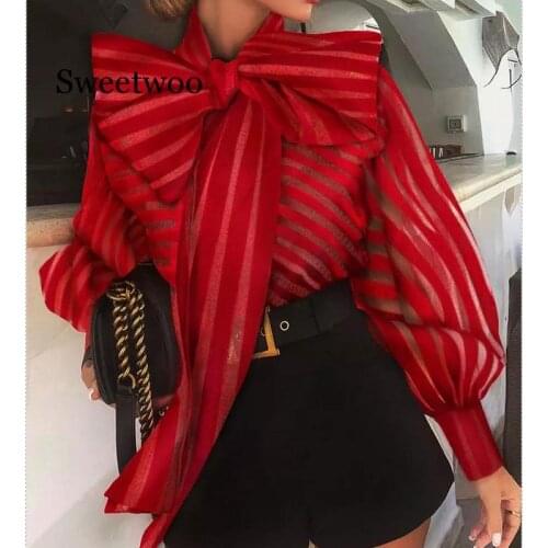 New Womens Bowknot Long Sleeve Clubwear T Shirt See-Through Mesh Striped T- Shirt Ladies Sexy Slim Red Black Tops Summer
