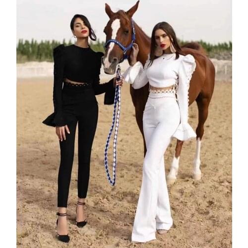 2021 new autumn womens irregular solid color personality corns open waist long-sleeved bandage tights + wide-leg pants suit