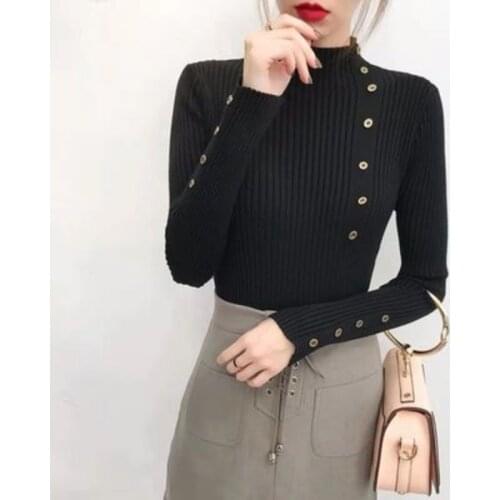 Autumn Fashion Women Half Turtleneck Sweater Button Design Pullover Long Sleeve Slim Tight Base Shirt Knitted Winter Casual Lady