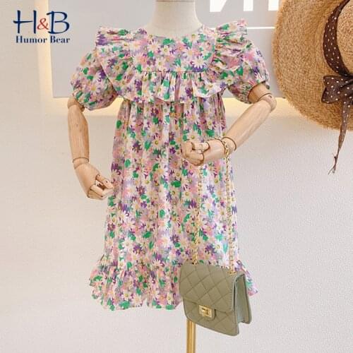 Humor Bear Girls Dress 2021 New Summer Puff Seeve Floral Printed Cute Sweet Toddler Kids Clothes