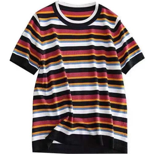 Striped Knitted T Shirt Summer Women Vintage Clothes Short Sleeve Casual O-Neck Thin Ladies Tops Tee Shirt Camisetas De Mujer
