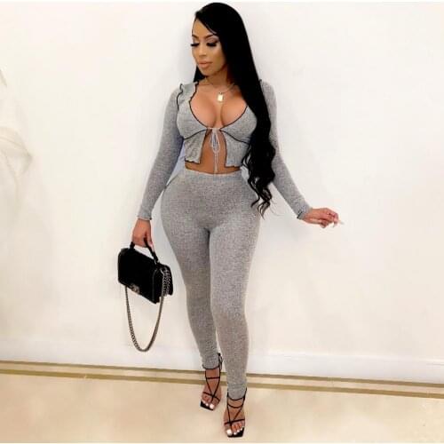 Casual Slim Womens Suits Short Lace-Up Long-Sleeved Top+Bodycon Trousers 2Piece Set Women Matching Sets Streetwear Clothes