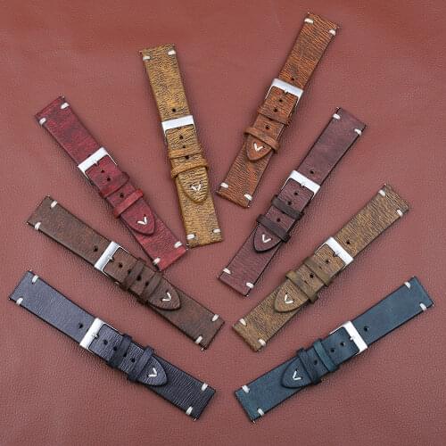 18/20/22/24mm Genuine Leather Watchband Handmade Vintage Stitching Design Wrist Wristband Calfskin Strap Metal Buckle 7 Colors