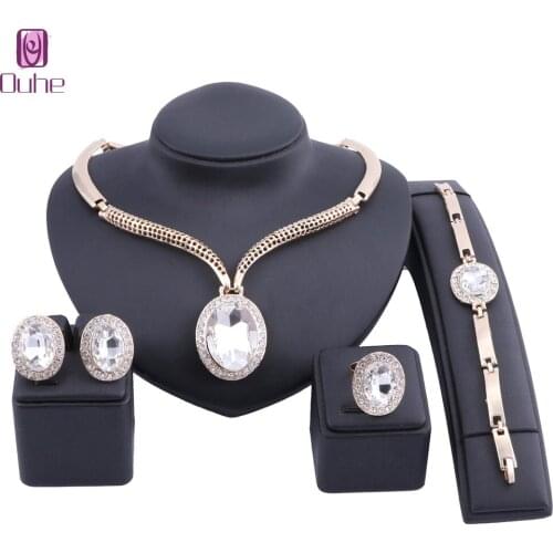 Luxury Gold Color Clear Crystal Statement Necklace Earring Bangle Ring For Women Party Wedding Jewelry Sets