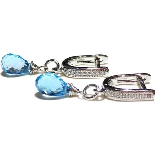 Lii Ji Blue Topaz 925 Sterling Silver Platinum Plated Hoop Earrings Natural Hight Quality Blue Drop Beads Handmade Earrings