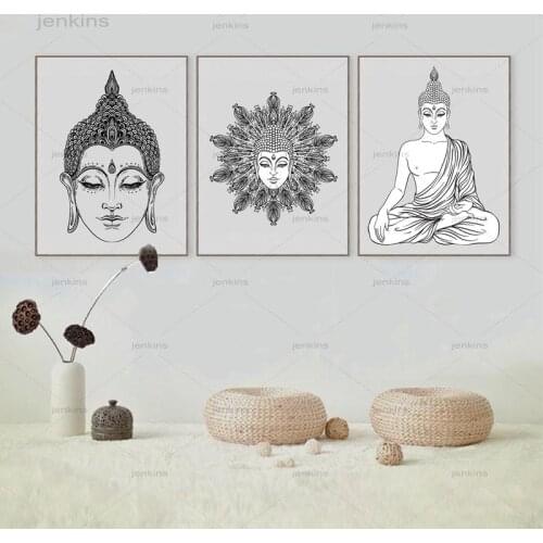 Sitting Buddha Art Print Poster Hand Drawn Style Buddha Face Canvas Black White Wall Pictures Modern Buddhist Home Decoration