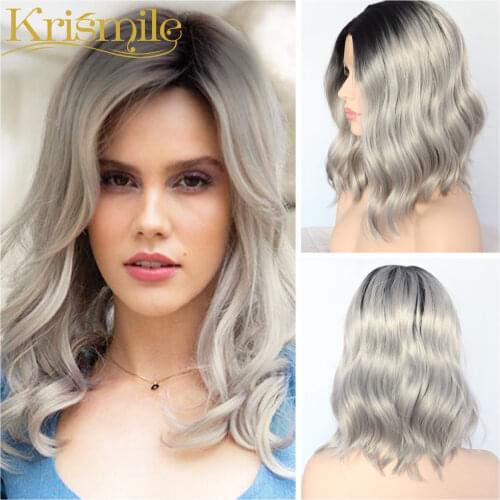 Lvcheryl New Trendy Black To Grey Ombre Hand Tied Short Wavy Heat Resistant Fiber Hair Synthetic Lace Front wigs for Women