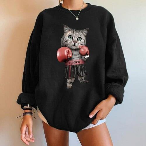 Boxing Cat Print Funny Women Sweartshirts Long Sleeve Drop Shoulder Cartoon Swearshirts Streetwear Autumn Winter Tops Clothes