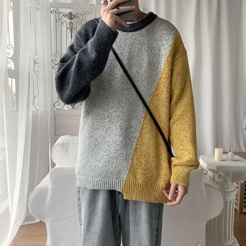 Sweater Men O-Neck Korean Fashions Winter High Quality Stitching Patchwork Mens Long Sleeve Knitted Pullovers Casual Sweaters