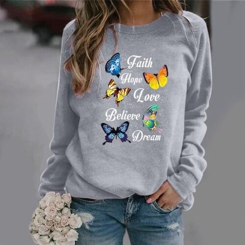 Butterfly Print Sweatshirts Women Long Sleeve Top Autumn O-neck Sweatshirt Casual Female Loose Hoodies Letter Pullover Moletom