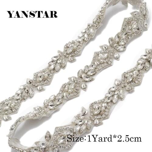 YANSTAR 5Yard Handmade silver crystal Rhienstone Applique Rose gold Bridal Belt Trim Iron On Wedding Dress Belt YS912