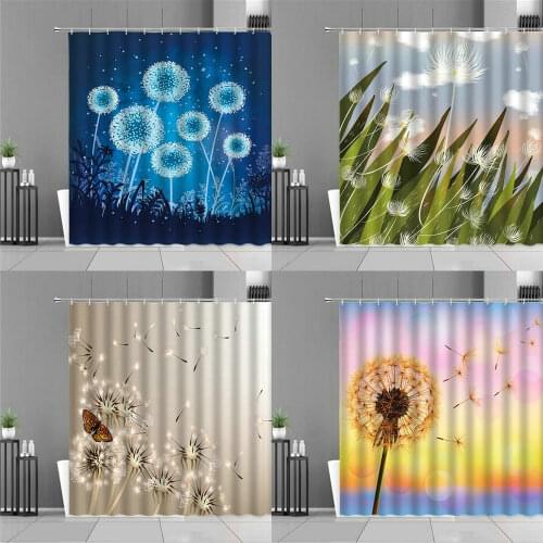 Dandelion Shower Curtain Spring Flower Plants Butterfly Scenery Waterproof Bath Curtains Hooks Home Bathroom Decor Cloth Screen