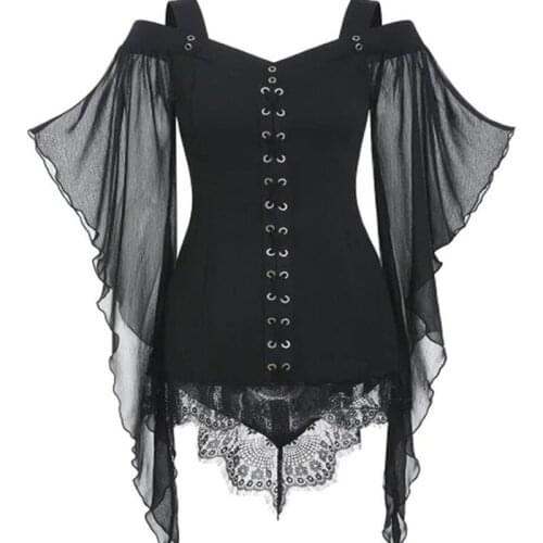 Fashion High Street Qybian Flare Sleeve Gothic Bandage Regular Solid T Shirt Harajuku V-neck T Shirt Women Drop Ship