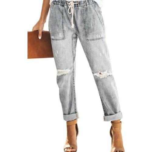 Womens Elastic Waist Pencil Stretch Skinny Drawstring Jeans Denim Pants Hot Sales Fashionable Versatile Comfortable