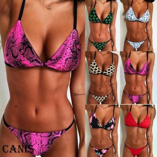 Women Sexy Thong Bikini Set Push-Up Padded Swimwear Two-Piece Swimsuit Print Bathing Beachwear