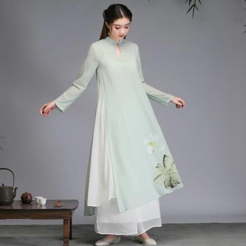 Woman Cheongsam Hanfu Dress Set Chinese Dance Costumes Oriental National Fairy Princess Vintage 2 Piece Suit Tang Dress