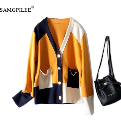 Women Autumn Jacket Patchwork Korean Style Space Cotton Cardigan With V-neck Long-sleeved Soft Loose Fashion Sweater Womens 4XL