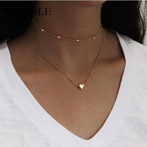 Simple Style Double Layer Heart Choker Necklace For Women Gold Silver Color Chain Statement Necklace Minimalist Jewelry Collares