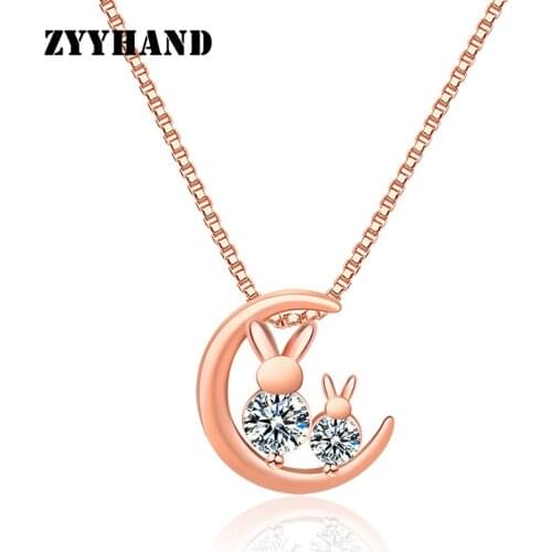 Rose-Gold Rabbit Moon Women Necklace Girl Cute Romantic Clean Stone AAA Zircon Lady Casual Wedding Party Neck Jewelry