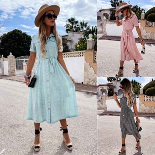 Boho Beach Dress Women Summer Fashion Single Breasted Belt Slim Print Dresses For Ladies 2021 Elegant Female Short Sleeve Dress