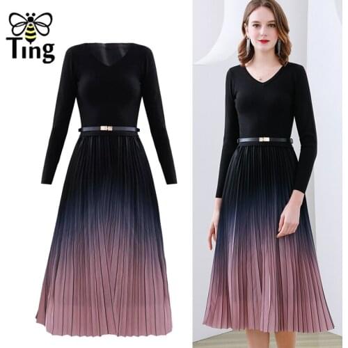 Tingfly Chic Lady Spring Autumn Knitting Patchwork Pleated Midi Dress Elegant Women Casual Long Dress Vestidos Work Frocks Zaful