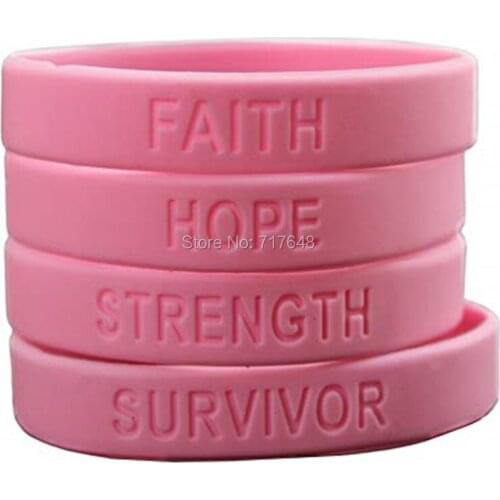 100pcs Strength Faith Hope Survivor Breast Cancer Awareness Pink wristband silicone bracelets free shipping by epacket A