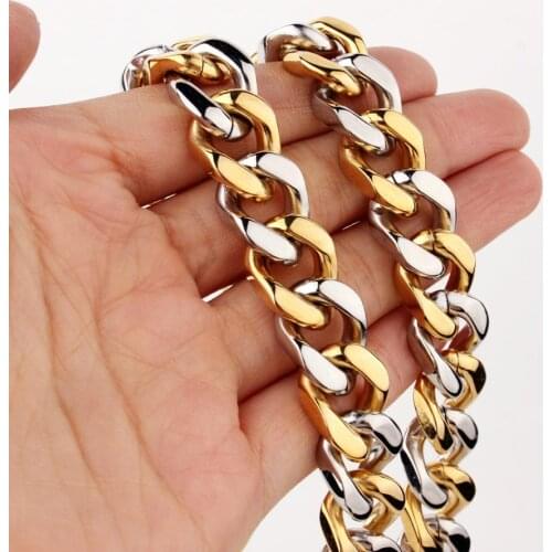15mm Polished Necklace Mens Chain Cut Curb Cuban Link 316L Stainless Steel Gold Silver Color Friend Holiday Gift Punk Male Boy
