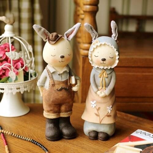 2PC Rural Country Couple Rabbit Korean Love Bunny Resin Statue Modern Home Decoration Living Room Garden Abstract Sculpture