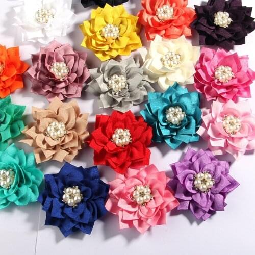 200PCS 7.5CM 2.95" Hot Lotus Fabric Flowers With Pear Rhinestone Center Hair Accessories Hair Flower For Clips Wedding Bouquet