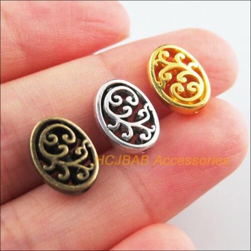 25Pcs Retro Tibetan Silver Tone Gold Antiqued Bronze Oval Flower Spacer Beads Charms 9.5x12.5mm