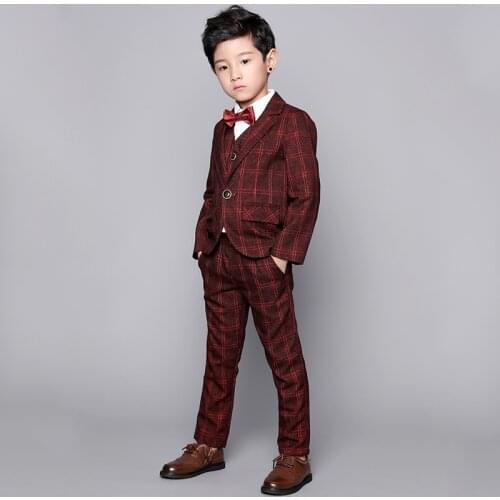 Flower Boys 3Pcs Formal Plaid Wedding Suit Kids England Style Blazer+Pant+Waistcoat Suit for Boys Kids Birthday Party Costume
