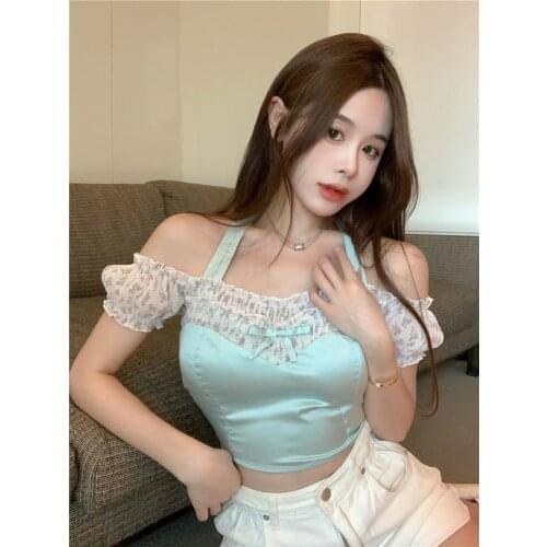 Satin stitching floral halter neck top