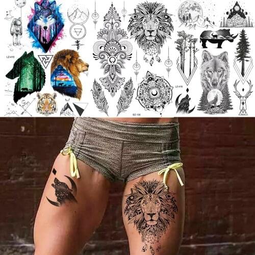 REJASKI Black Henna Temporary Tattoos For Men Sticker Tribal Lion Mandala Flower Sexy Tatoos Body Art Arm Waist Custom Tattoo