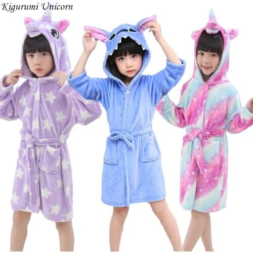 Kids Bathrobe For Girls Pajamas Star Unicorn Towel Flannel Sleepwear Cute Cartoon Unisex Nightwear Robe Boys Girls Dressing Gown