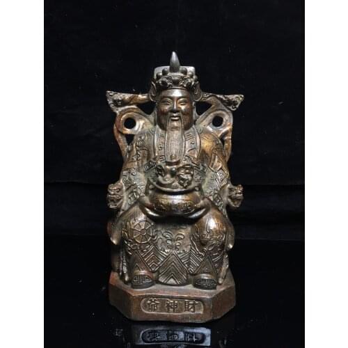 Home Decor 9" Tibet Buddhism Old Bronze Cinnabars Lacquer God of Wealth Buddha Statue Hold the cornucopia Lucky fortune