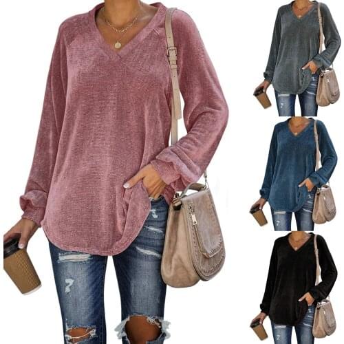 Autumn Corduroy Tshirt for Women Solid Color Long Puff Sleeve V Neck T shirt Women Casual Tunic Top Pullovers femme t-shirts