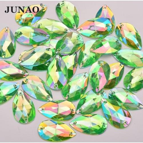 JUNAO 100pc 17x28mm Green AB Color Teardrop Flatback Rhinestone Applique Acrylic Crystal Stones Sew On Diamond For Wedding Dress